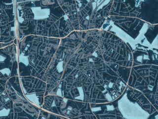 Painterly Style City Map of Walsall, the United Kingdom in a Blue Color Scheme.