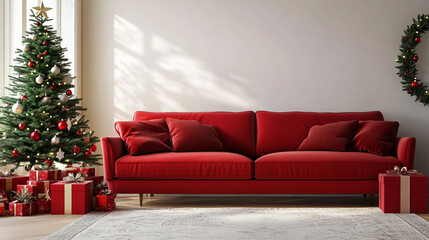 red sofa, Christmas tree and gift boxes