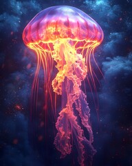 Fototapeta premium A mesmerizing, illuminated jellyfish gracefully floats against a cosmic backdrop, showcasing vibrant hues of purple and orange, creating a serene underwater ambiance.