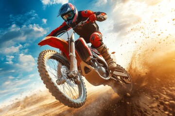 Dynamic Off-Road Adventure: Motocross Rider in Mid-Air Action