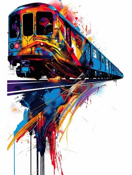 graffiti t-shirt design of a subway train speeding by in a blur in white background
