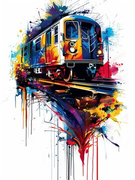 graffiti t-shirt design of a subway train speeding by in a blur in white background