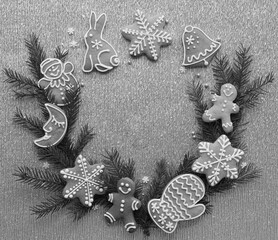 Christmas Gingerbread Cookies Wreath Festive Top View Black White