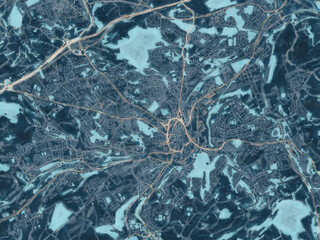 Painterly Style City Map of Huddersfield, the United Kingdom in a Blue Color Scheme.