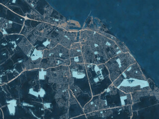 Painterly Style City Map of Grimsby, the United Kingdom in a Blue Color Scheme.