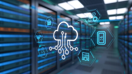 digital disaster recovery system in a futuristic server room, backup, data recovery plan, cloud backup concept.