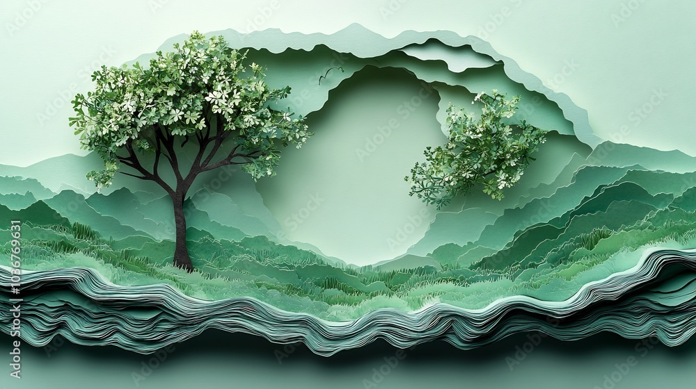 Poster artistic composition of an empty papercut nature icon nestled in a textured paper frame symbolizing 