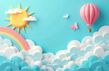 Beautiful fluffy clouds on blue sky background with summer sun, butterfly, hot air balloons and rainbow. Vector illustration. Paper cut style. Place for text 