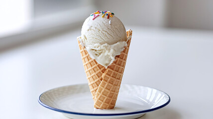 A waffle cone filled with creamy vanilla ice cream on a bright background, perfect for summer treats, dessert menus, and food photography needs. 