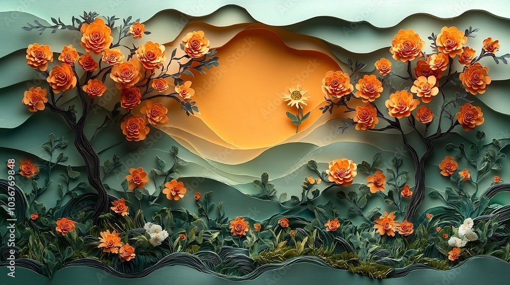 Poster artistic composition of an empty papercut nature icon nestled in a textured paper frame symbolizing 