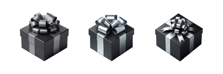 Set of Matte black gift box with a silver bow, Happy Christmas day special gift boxes, isolated over on transparent white background