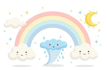 Cloud rain weather cartoon cute set. Cloud, sun, moon weather character with smile and angry face. Hand drawn doodle sketch style. Rainbow, wind, tornado doodle characte