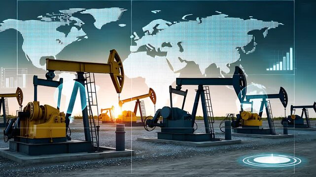 Oil Pump Jacks with Global Digital Interface and Map Overlay at Sunrise

