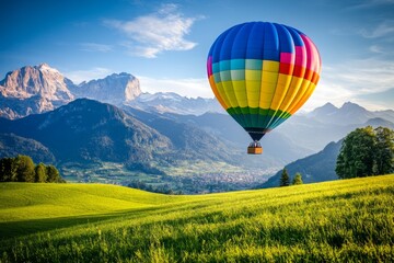 Fototapeta premium Colorful Hot Air Balloon Soaring Over Lush Green Mountain Landscape