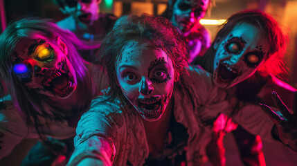 Obraz premium Friends Dressed as Zombies at Action Packed Halloween Party