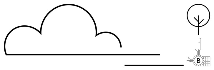 Simple line art featuring a cloud and a tree blueprint on a plain background. Ideal for environmental themes, minimalism artwork, architecture planning, eco-friendly designs, and educational