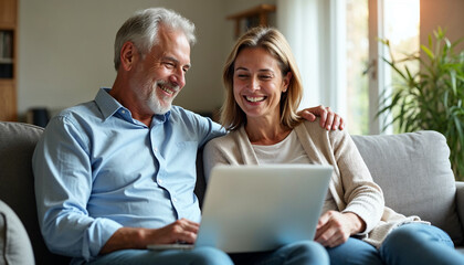 Happy middle aged couple using laptop computer relaxing on couch at home. Smiling mature man and woman talking having fun laughing with device sitting on sofa in sunny living room. Candid shot.