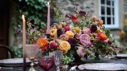 Autumn holiday tablescape and table decor, autumnal table setting with flowers and pumpkins, formal dinner event celebration party, beautiful cutlery, tableware and pumpkin decoration idea