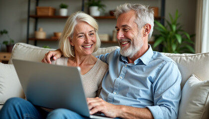Happy middle aged couple using laptop computer relaxing on couch at home. Smiling mature man and woman talking having fun laughing with device sitting on sofa in sunny living room. Candid shot.