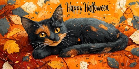 A calico cat wishing Happy Halloween on an autumn day - ai generated