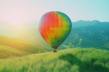 Obraz premium Colorful Hot Air Balloon Over Serene Green Hills at Sunrise