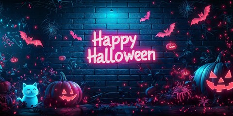 A happy Halloween banner with spooky spiders, black cats and scary pumpkins for the most spooky day of October- ai generated