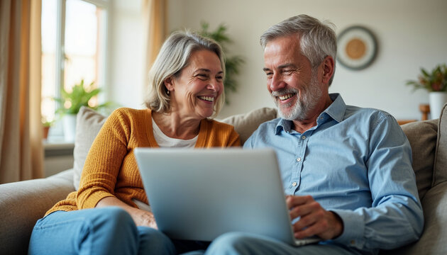 Happy middle aged couple using laptop computer relaxing on couch at home. Smiling mature man and woman talking having fun laughing with device sitting on sofa in sunny living room. Candid shot. 