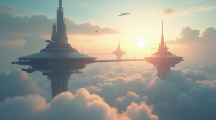 A futuristic city built on massive floating platforms high above the clouds; the city is sleek and modern, with soaring skyscrapers made of glass and metal, connected by suspended walkways.