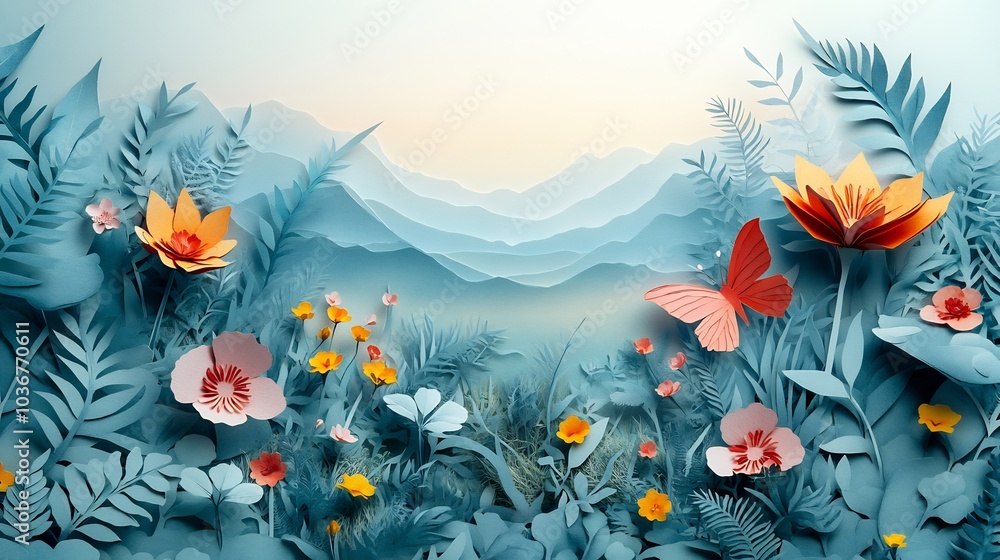 Poster artistic empty papercut nature icon enclosed in a dreamy paper frame decorated with abstract floral 