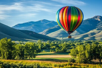 Naklejka premium Colorful Hot Air Balloon Over Serene Mountain Landscape