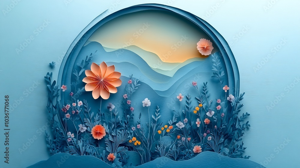 Poster artistic empty papercut nature icon enclosed in a dreamy paper frame decorated with abstract floral 