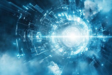 Obraz premium A bright futuristic tunnel surrounded by glowing digital patterns and clouds, showcasing advanced technology and depth perception