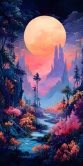 Fototapeta premium An enchanting landscape featuring a large glowing moon above colorful mountains and a serene river, surrounded by vibrant flora in shades of pink and purple.