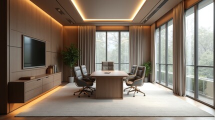 Office room interior architecture design showcases a modern workspace with sleek furniture, large windows allowing natural light to flood the space, and a neutral color palette accented by vibrant art