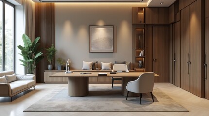 Office room interior architecture design showcases a modern workspace with sleek furniture, large windows allowing natural light to flood the space, and a neutral color palette accented by vibrant art