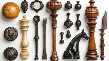 Antique Wooden Chess Pieces and Ornamental Objects on White Background