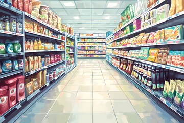 Aisle in a Grocery Store with Shelving Stocked with Food and Drink Products