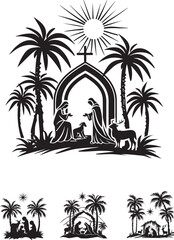 Nativity Scene Vector Stencil: Minimalist Clip Art of Mary, Joseph, and Baby Jesus