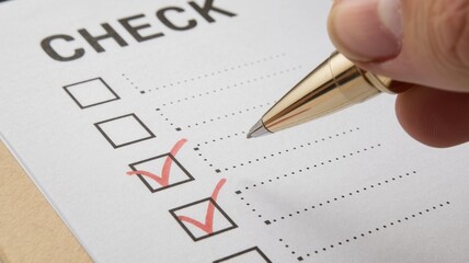 Hand checking items on a checklist with a pen, white isolate background