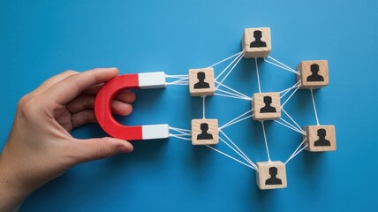 Hand holding a magnet connecting to wooden blocks with human icons on blue background.