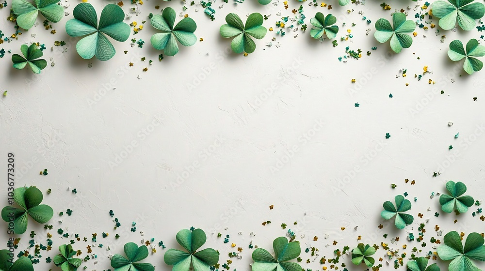 Poster artistic top view of a white tabletop adorned with abstract paper clover leaves and shimmering confe