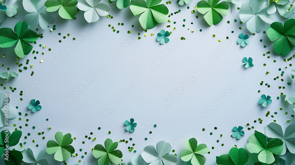 Poster artistic top view of a white tabletop adorned with abstract paper clover leaves and shimmering confe
