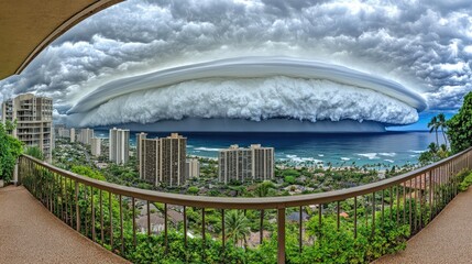 Dark clouds swirl as a hurricane looms over a coastal city, with rising storm surge and strong winds creating dangerous conditions.