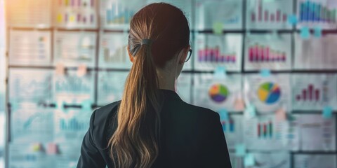 Business woman reflecting on project management or marketing in the office. Female manager reviewing company statistics on a vision board