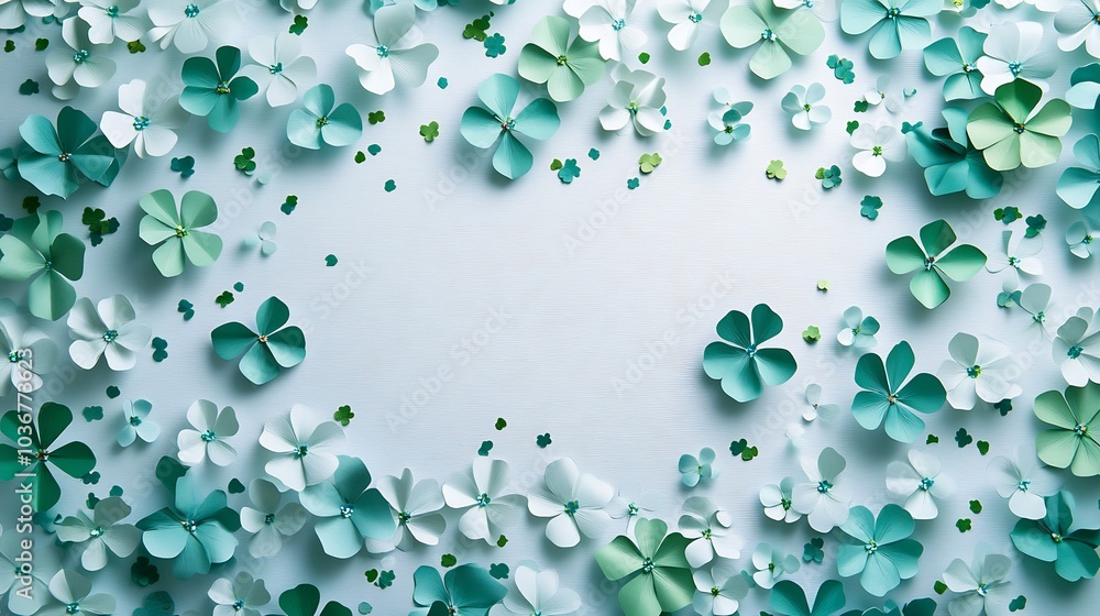 Poster artistic top view of a white tabletop adorned with abstract paper clover leaves and shimmering confe