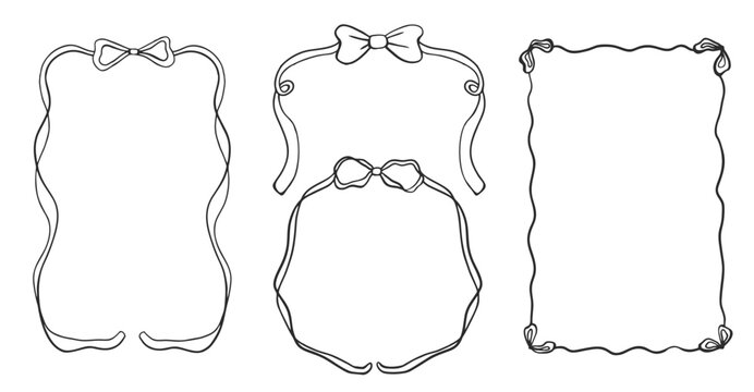 Set of outline scallop frame border in doodle style. Retro frame with wavy border and bow. Brush hand drawn rectangle and circle