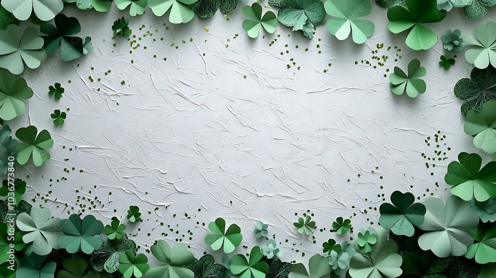 Poster artistic top view of a white tabletop adorned with abstract paper clover leaves and shimmering confe