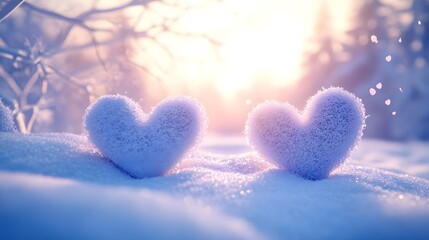Fototapeta premium Heart-shaped snowflakes falling in a winter wonderland: 3D-rendered scene of heart-shaped snowflakes gently falling on a snow-covered landscape during a romantic moment
