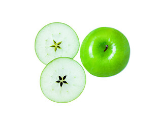 Green apple with half slice isolated on white background.