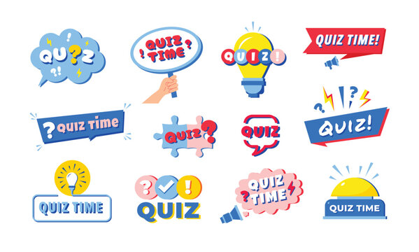 Quiz labels. Trivia question, test or erudite game emblem template with question mark, speech bubble frame, idea lamp, big button, puzzle and quiz time sign vector set.